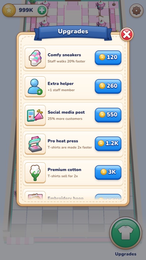 Game screenshot: the Upgrades list with comfy sneakers, an extra helper, a social media post and a heat press.
